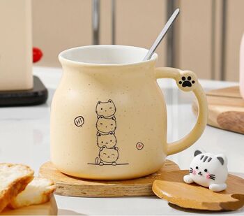 " Mug en céramique "CAT" avec couvercle en bambou décoré et cuillère en 4 couleurs pastel. Capacité : 350 ml LM-235 3