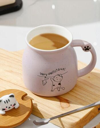 " Mug en céramique "CAT" avec couvercle en bambou décoré et cuillère en 4 couleurs pastel. Capacité : 350 ml LM-235 5