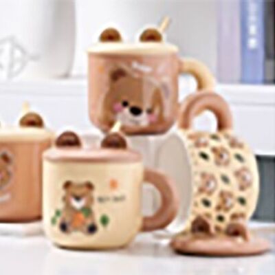 " Mug en céramique "OURS" avec couvercle décoré et cuillère en 4 motifs. LM-240