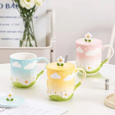 "DAISY" ceramic mug with decorated lid and spoon in 3 colors. LM-245