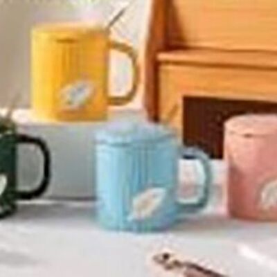 "LEAF" ceramic mug with lid and spoon in 4 colors. LM-246