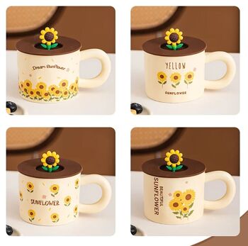 Mug en céramique "TOURNESOL" avec couvercle en silicone décoré en 4 motifs. Dimension : 14.4x11 cm Capacité : 375 ml LM-248 3