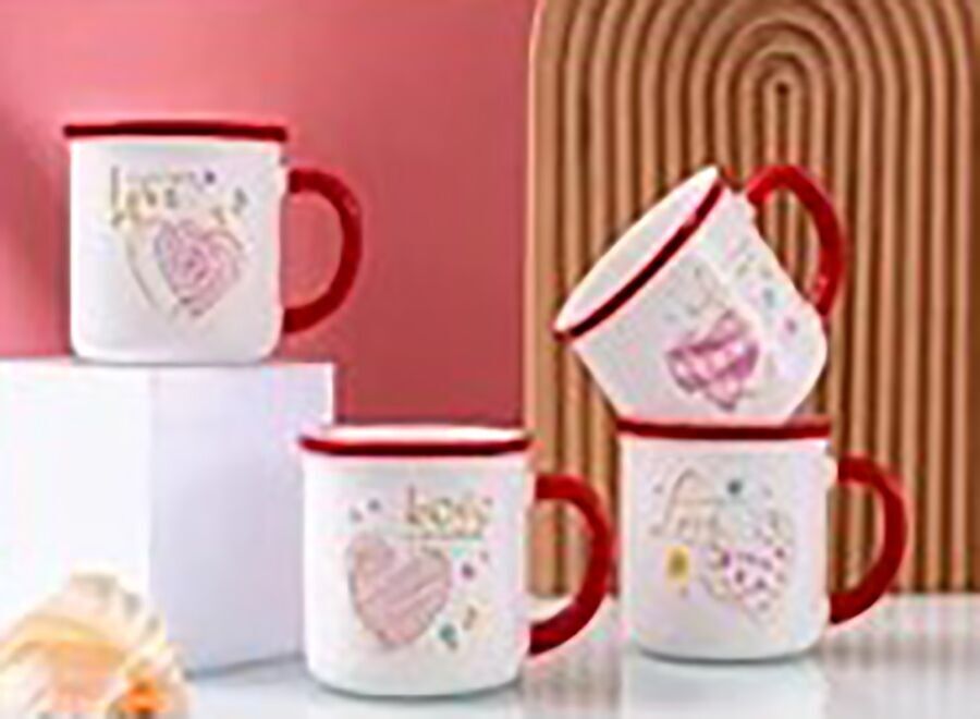 Ceramic mug "HEART" with red handle in 4 designs. LM-252