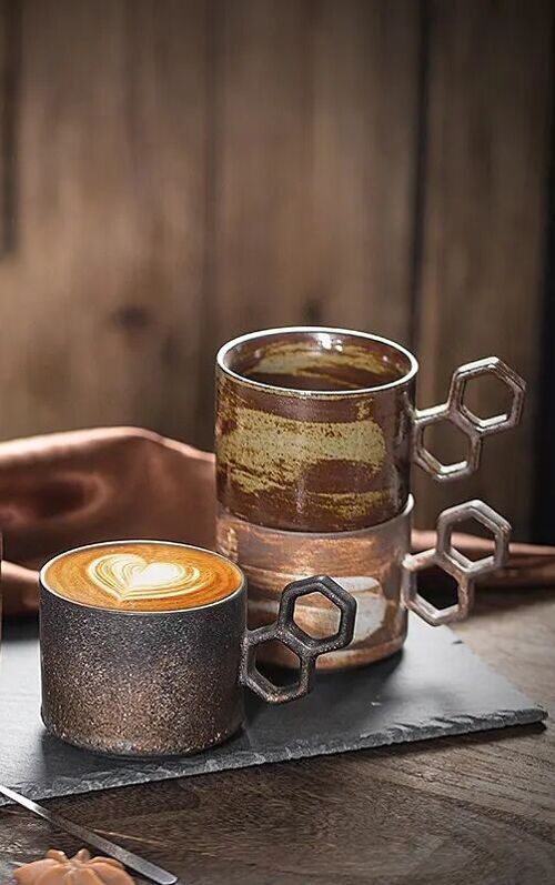 Ceramic mug in 3 designs of earthy tones with special handle MB-2715