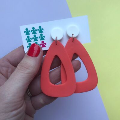 White & coral giant triangle drop earrings