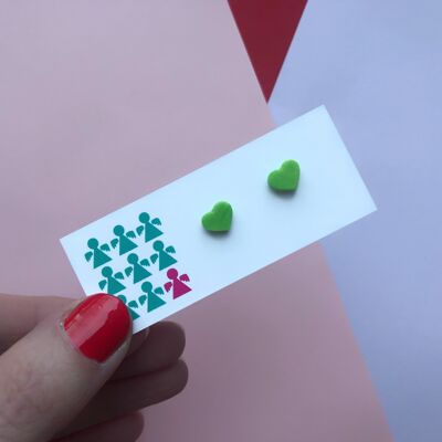 Tiny lime green pearlescent heart earrings