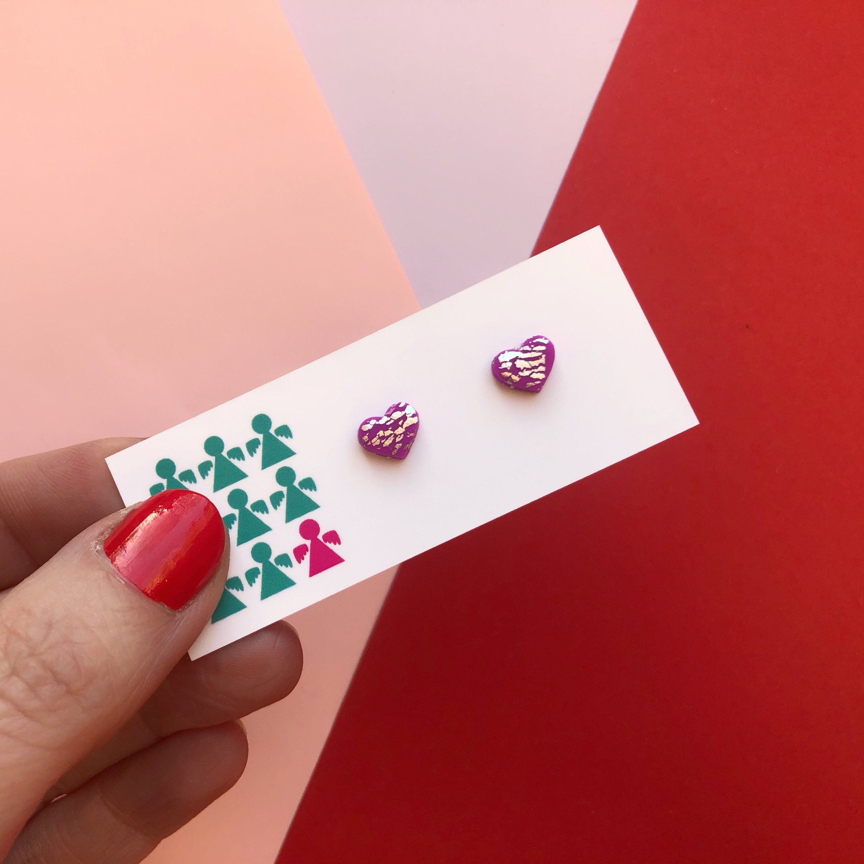 Tiny fuchsia & silver leaf heart earrings