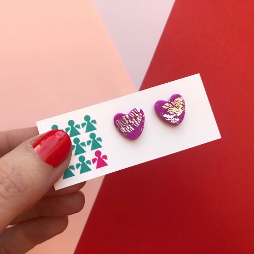 Fuchsia pink & silver leaf Valentine’s heart stud earrings