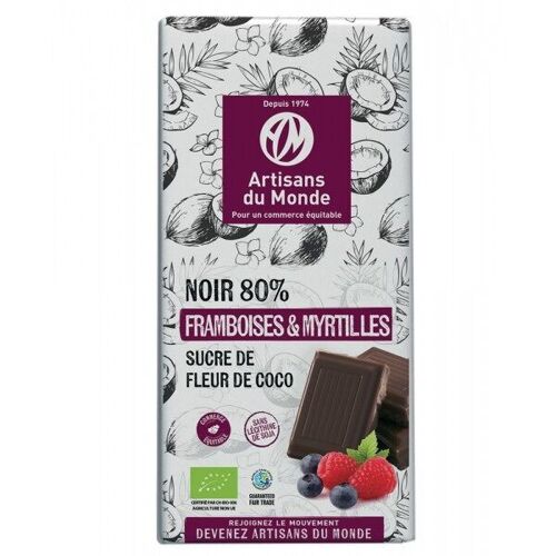 Chocolat Noir 80% au sucre de fleur de Coco, Framboise et Myrtille, 100g