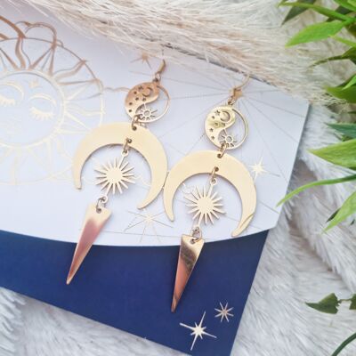 Sun and moon earrings in gold-plated steel