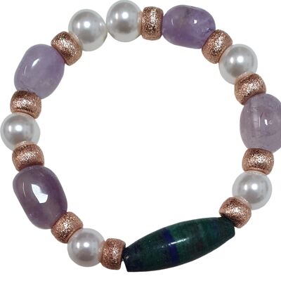 Elastic bracelet with amethyst, pearls and green stones