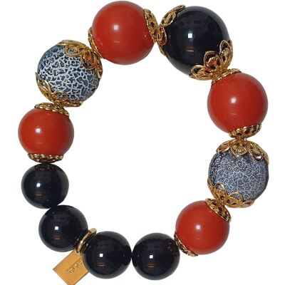 Bracelet élastique avec agates noires et rouges