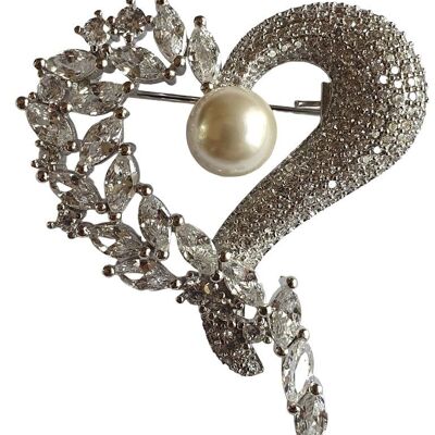 Heart brooch with zircons and pearl