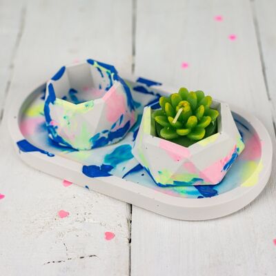 Jesmonite oval trinket tray & mini planter set, marbled tie-dye pattern