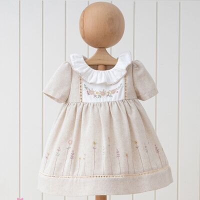A Pck of Five Sizes Girl Natural Half Sleeve Linen Dress with Embrodried Chest