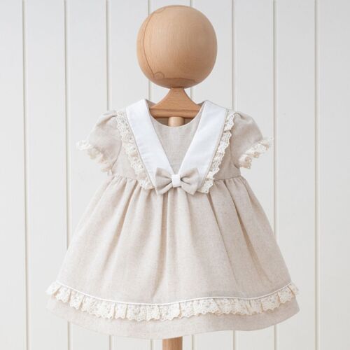 A Pack of Five Sizes Girl Natural Half Sleeve Linen Ribboned Dress