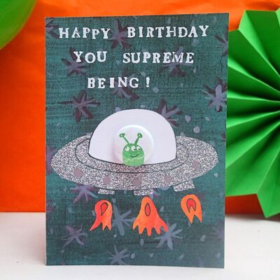Cumpleaños extraterrestre de nave espacial - Tarjeta de felicitación con placa
