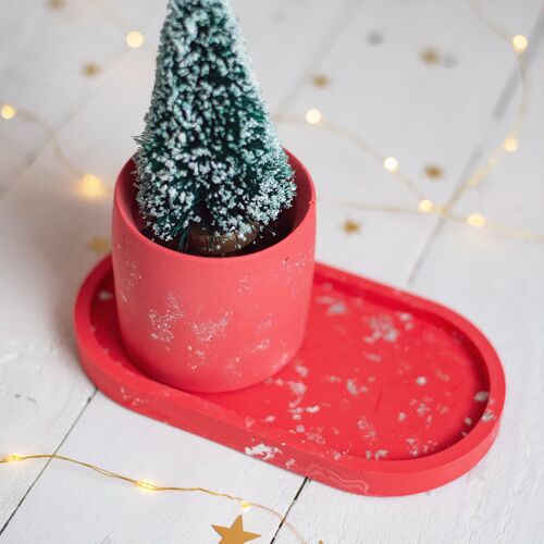 Red jesmonite plant pot and trinket dish set with silver leaf