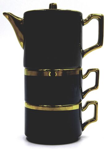 Service à thé en céramique noir. Dans un coffret cadeau comprenant : une théière avec filtre métallique, 2 mugs et 2 soucoupes. PT-163B 2