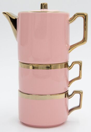 Service à thé en céramique rose. Dans un coffret cadeau comprenant : une théière avec filtre métallique, 2 mugs et 2 soucoupes. PT-163C 2