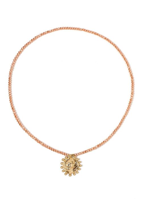 SHORT NECKLACE WITH PEACH CRYSTALS AND MEDAL