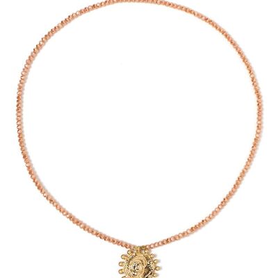 SHORT NECKLACE WITH PEACH CRYSTALS AND MEDAL