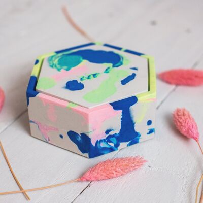 Neon marbled tie dye hexagonal jesmonite trinket box with lid