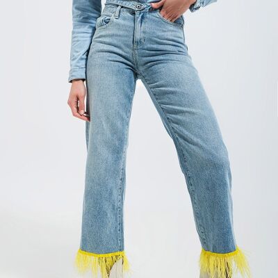 Straight leg jeans with yellow faux feather hem