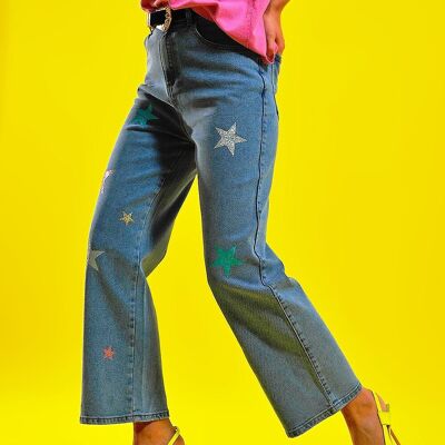 Jeans con stampa stelle in lavaggio scuro