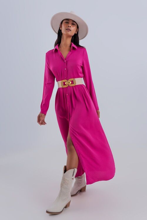 Slouchy plunge shirt maxi dress in hot fuchsia