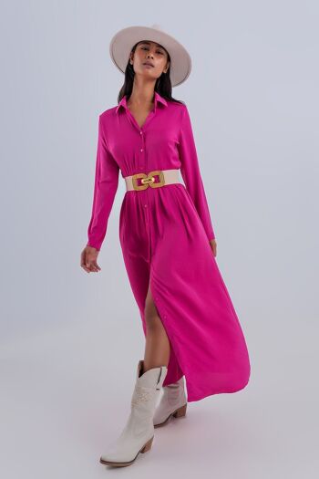 Robe longue chemise ample à décolleté plongeant fuchsia chaud 1