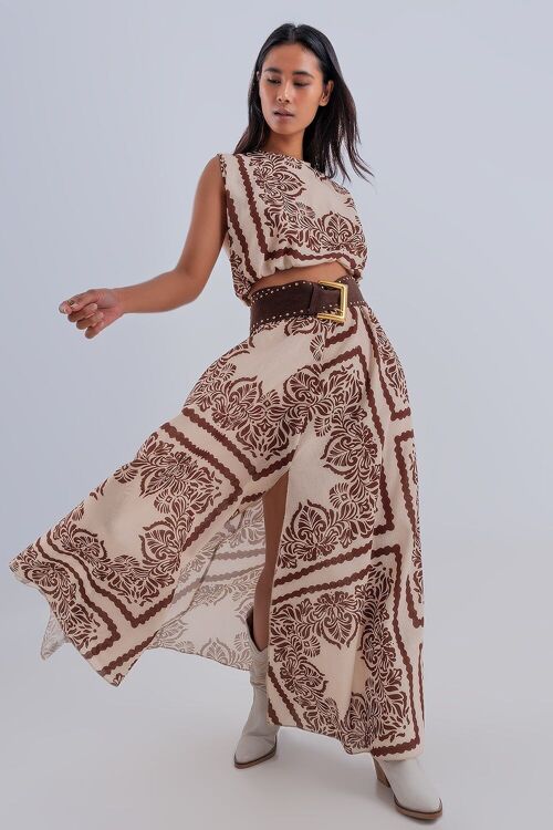 Maxi skirt with split in beige and brown geo print