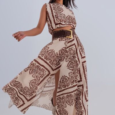 Maxi skirt with split in beige and brown geo print