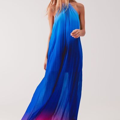 High neck pleat maxi dress in blue ombre