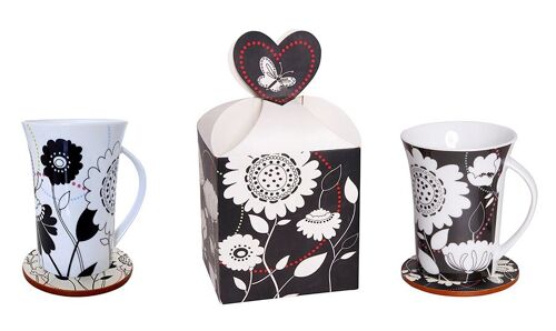 Ceramic mug "FLOWERS" in a gift box. Available in 2 designs. Dimension: 10x9x11cm (mug) / 9cm (coaster) TW-006