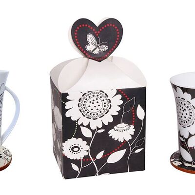Mug en céramique "FLEURS" dans un coffret cadeau. Disponible en 2 modèles. Dimension : 10x9x11cm (tasse) / 9cm (sous-verre) TW-006