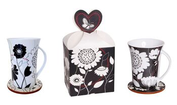 Mug en céramique "FLEURS" dans un coffret cadeau. Disponible en 2 modèles. Dimension : 10x9x11cm (tasse) / 9cm (sous-verre) TW-006 1