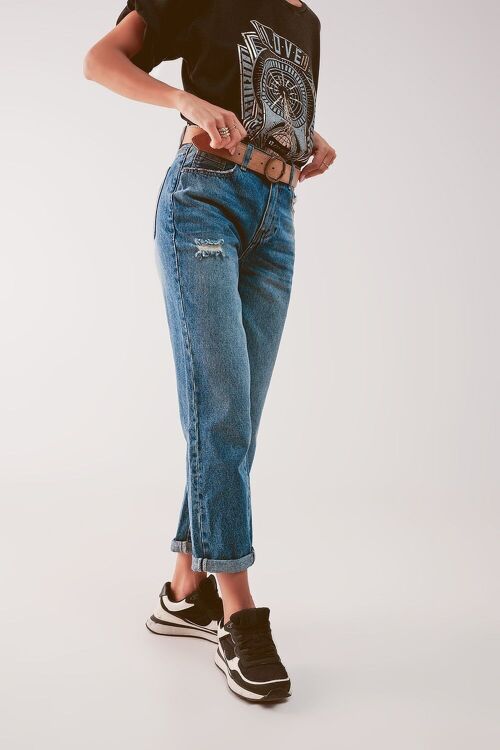 High waist jean with thigh slash in midblue