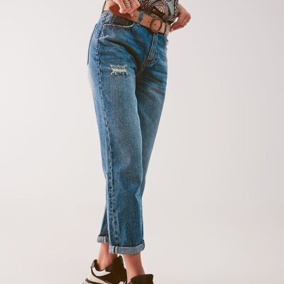 Jeans mit hoher Taille und Oberschenkelschlitz in Mittelblau