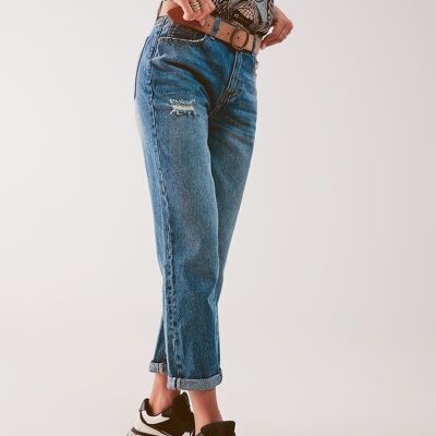 High waist jean with thigh slash in midblue