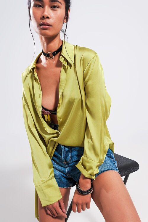 Long sleeve satin button front shirt in green