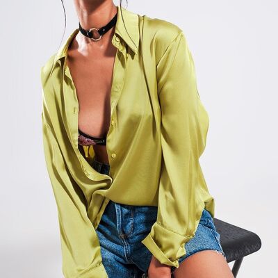 Long sleeve satin button front shirt in green