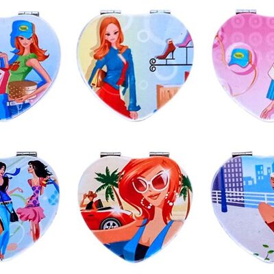 Heart-shaped bag mirror, in 6 different designs. Dimension: 7x7cm BF-611