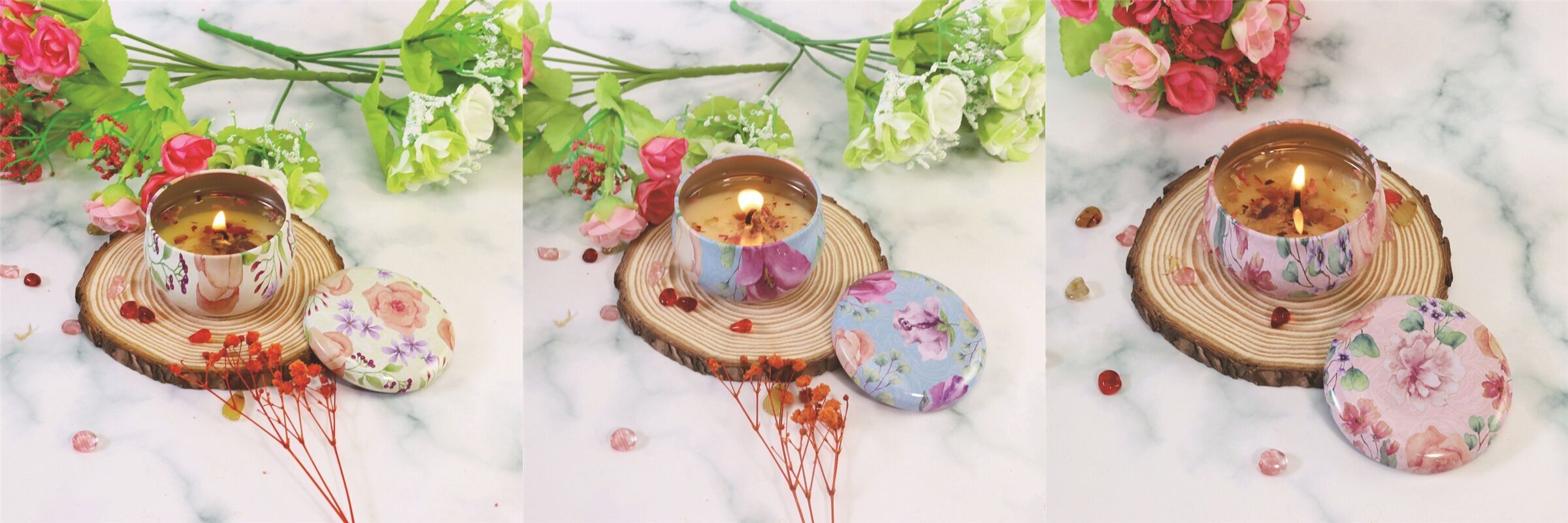 Set di 3 candele profumate, in contenitore di metallo 80gr.   Dimensione: 6.10x4cm Durata candela: 10-12 ore MB-2034ABC