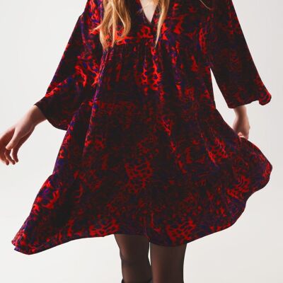 Tiered mini smock dress in animal print in red