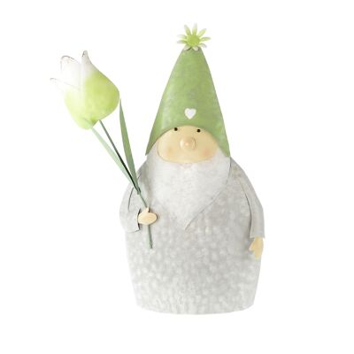 Metal gnome with flower, 22 x 9 x 36 cm, grey/green, 807763