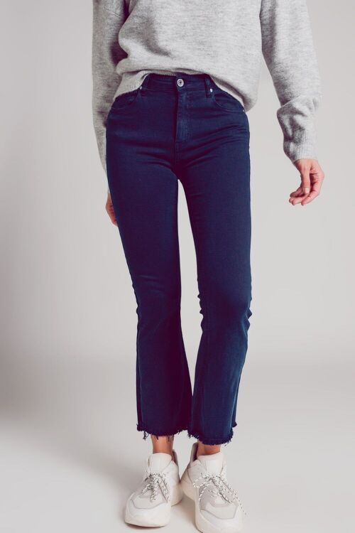 Flare jeans with raw hem edge in blue ink