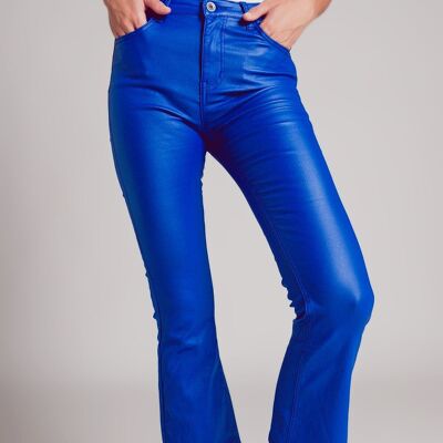 Stretch faux leather flare pants in blue