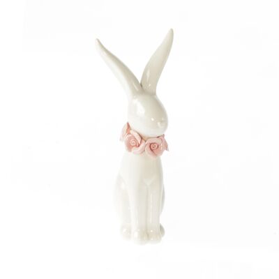 Porcelain rabbit with rosary, 8.5 x 7.5 x 20 cm, white/pink, 809286