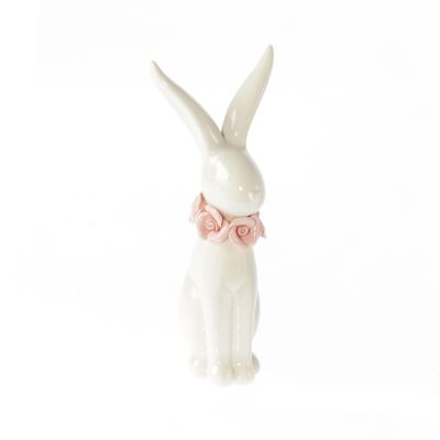 Lapin en porcelaine avec chapelet, 8,5 x 7,5 x 20 cm, blanc/rose, 809286